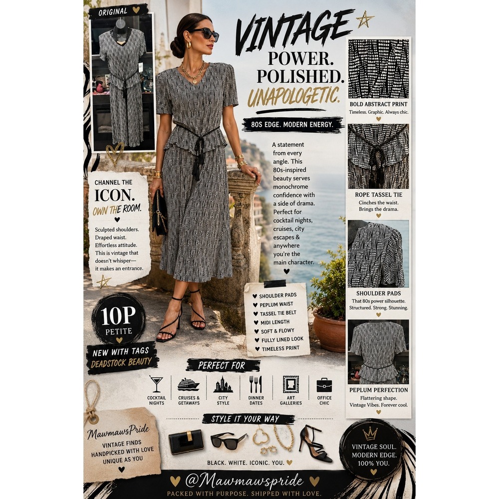 Studio Connection Vintage 80s Peplum Midi Dress Black‎ White Dot Tassel boho 10P